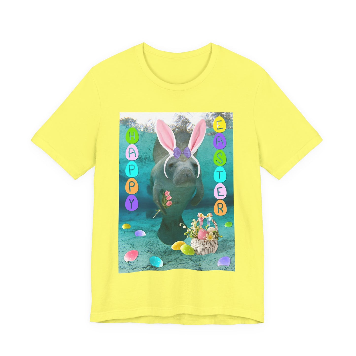 Happy Easter Manatee Tee, yellow t-shirt