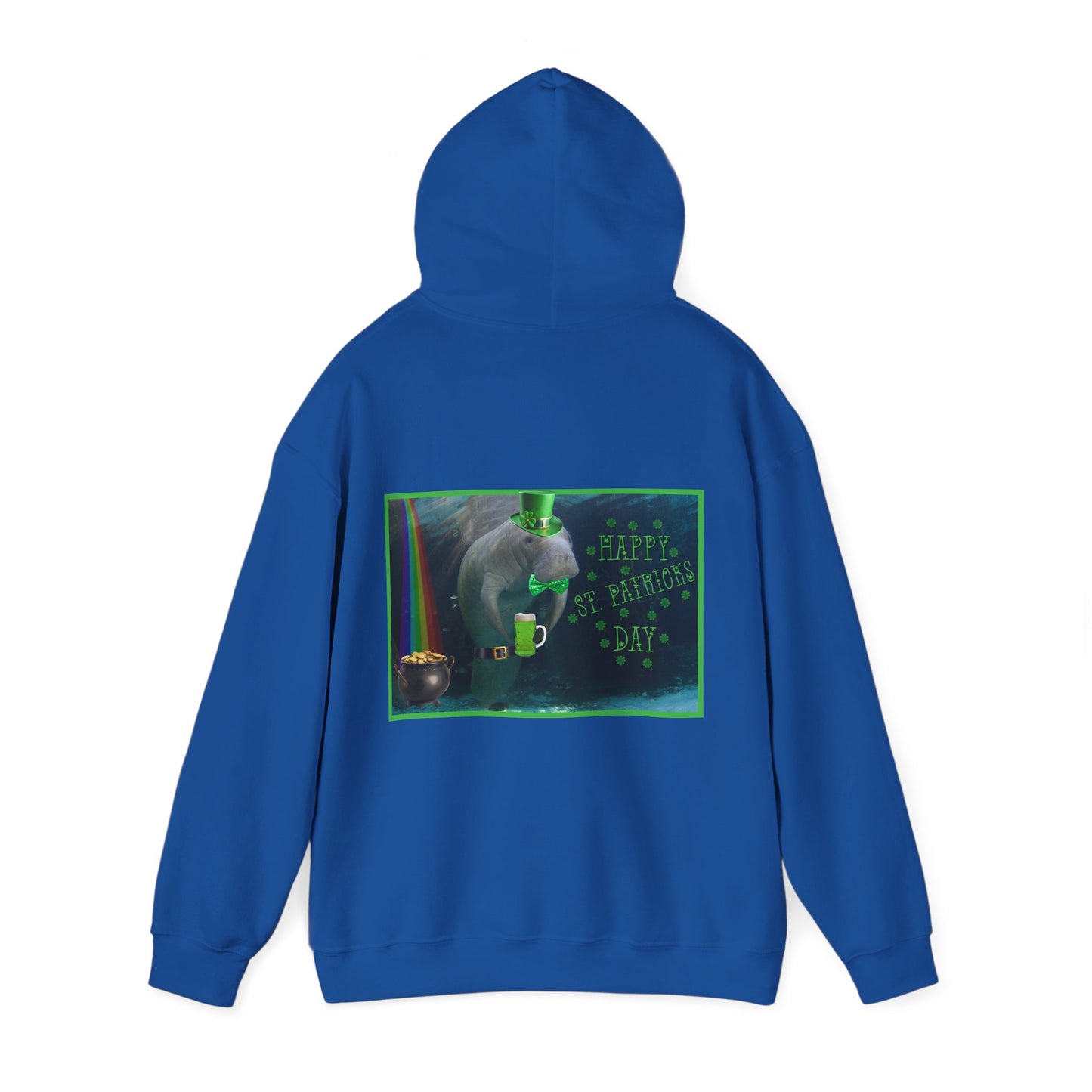 Happy St. Patrick's Day Manatee Hoodie, blue hoodie back