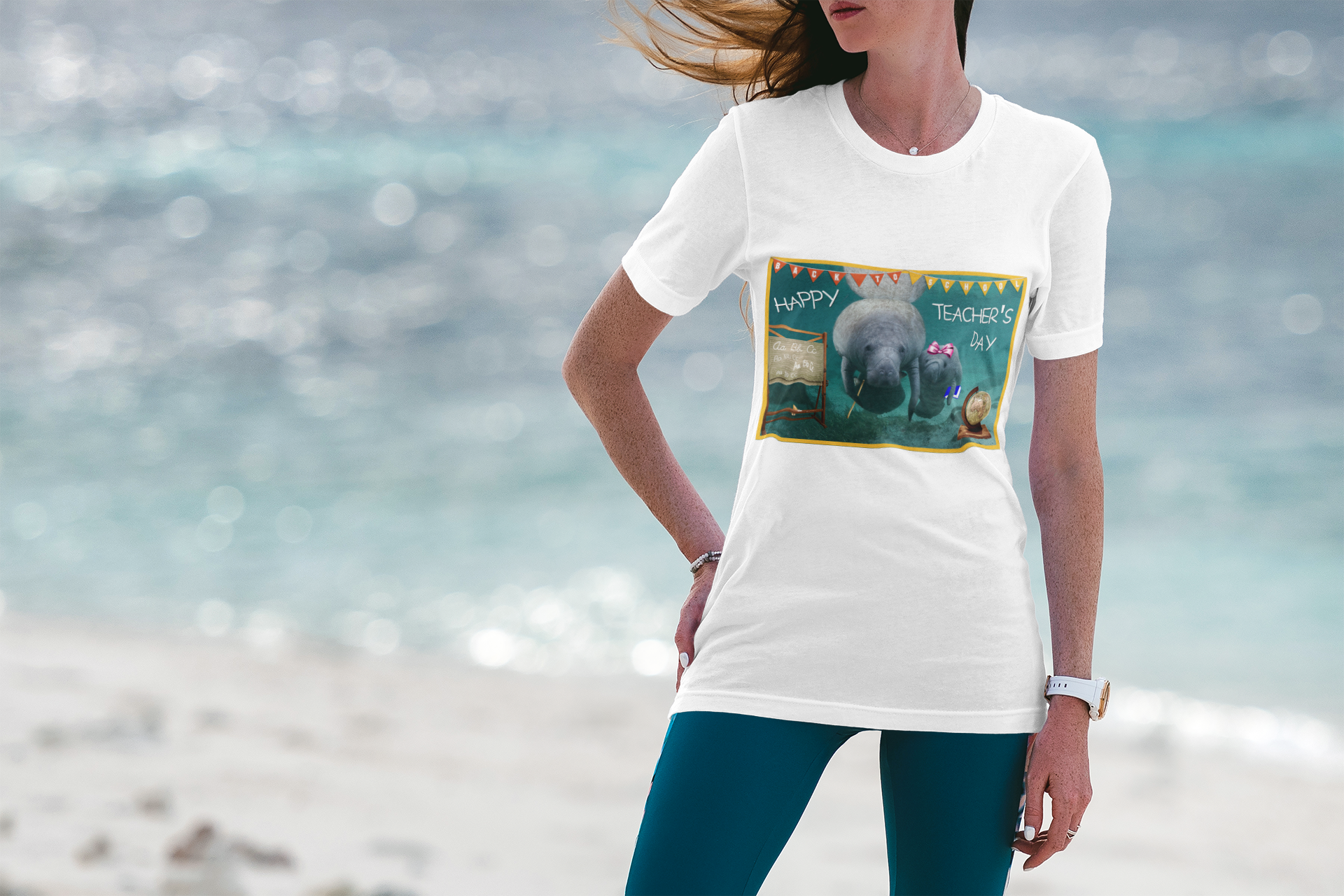 Happy Teacher's Day Manatee Tee, t-shirt on model