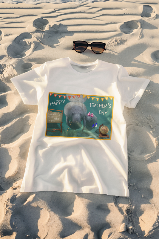 Happy Teacher's Day Manatee Tee, t-shirt on sand
