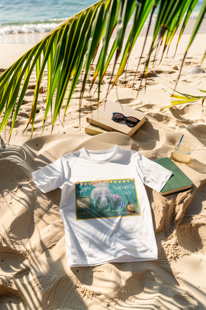 Happy Teacher's Day Manatee Tee, white t-shirt on beach with books