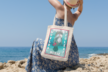 World's Coolest Nurse Manatee Tote Bag, model sitting on beach overlooking ocean