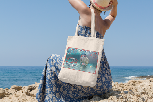 Happy President's Day Manatee Tote Bag, model with tote overlooking ocean