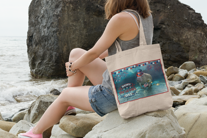 Happy President's Day Manatee Tote Bag, model with tote sitting on rocks by ocean