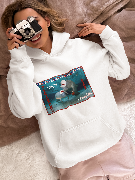 Happy Father's Day Manatee Hoodie, model wearing hoodie with camera