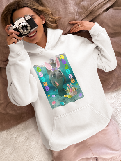 Happy Easter Manatee Hoodie, model with camera