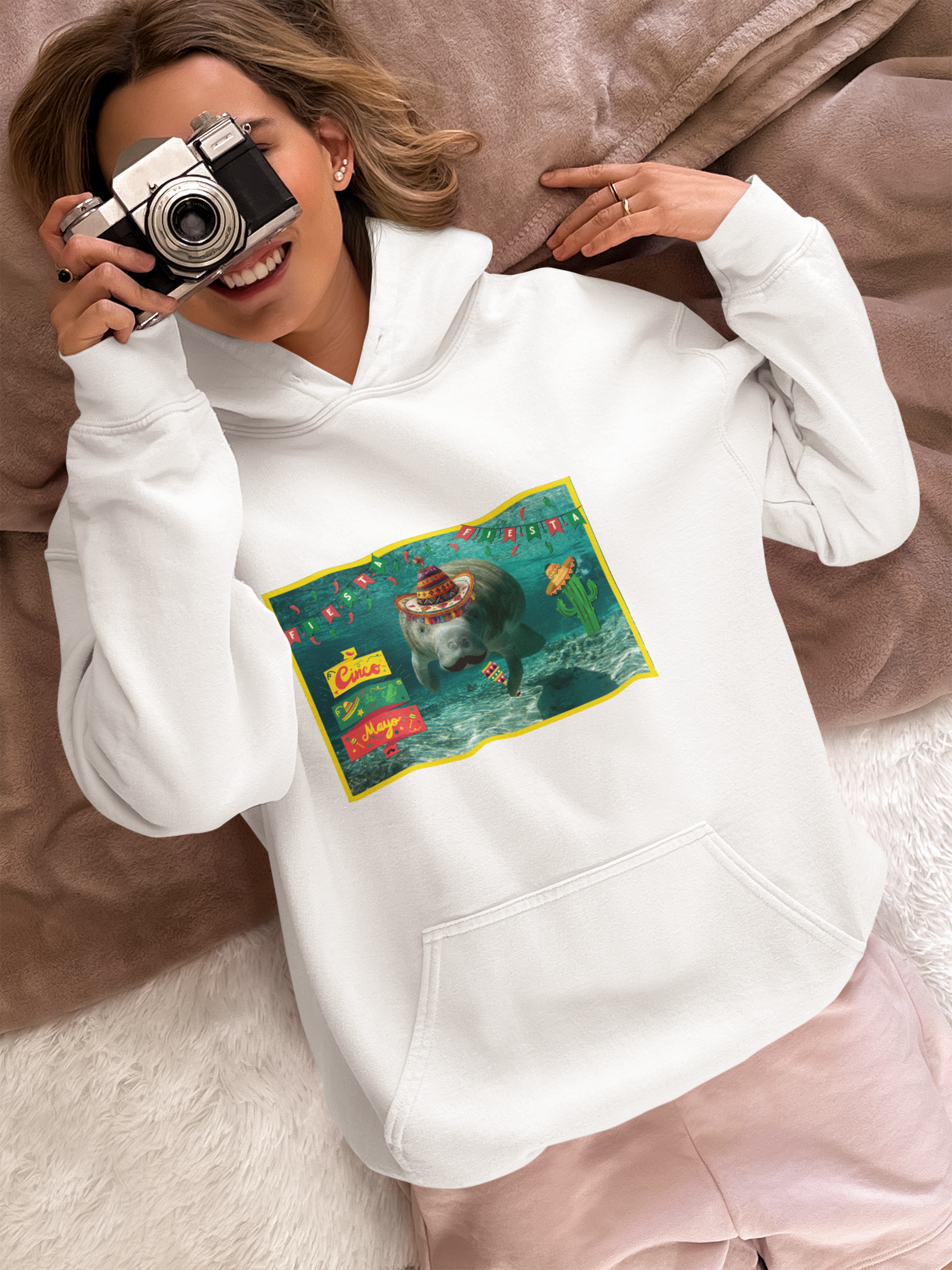 Happy Cinco de Mayo Manatee Hoodie, model with camera