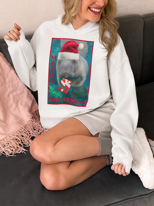 Merry Christmas Manatee Hoodie, model sitting