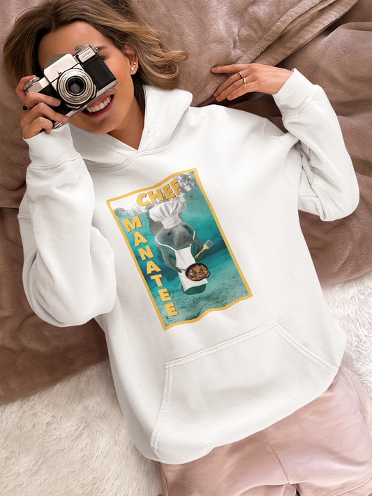 Chef Manatee Hoodie, model with camera