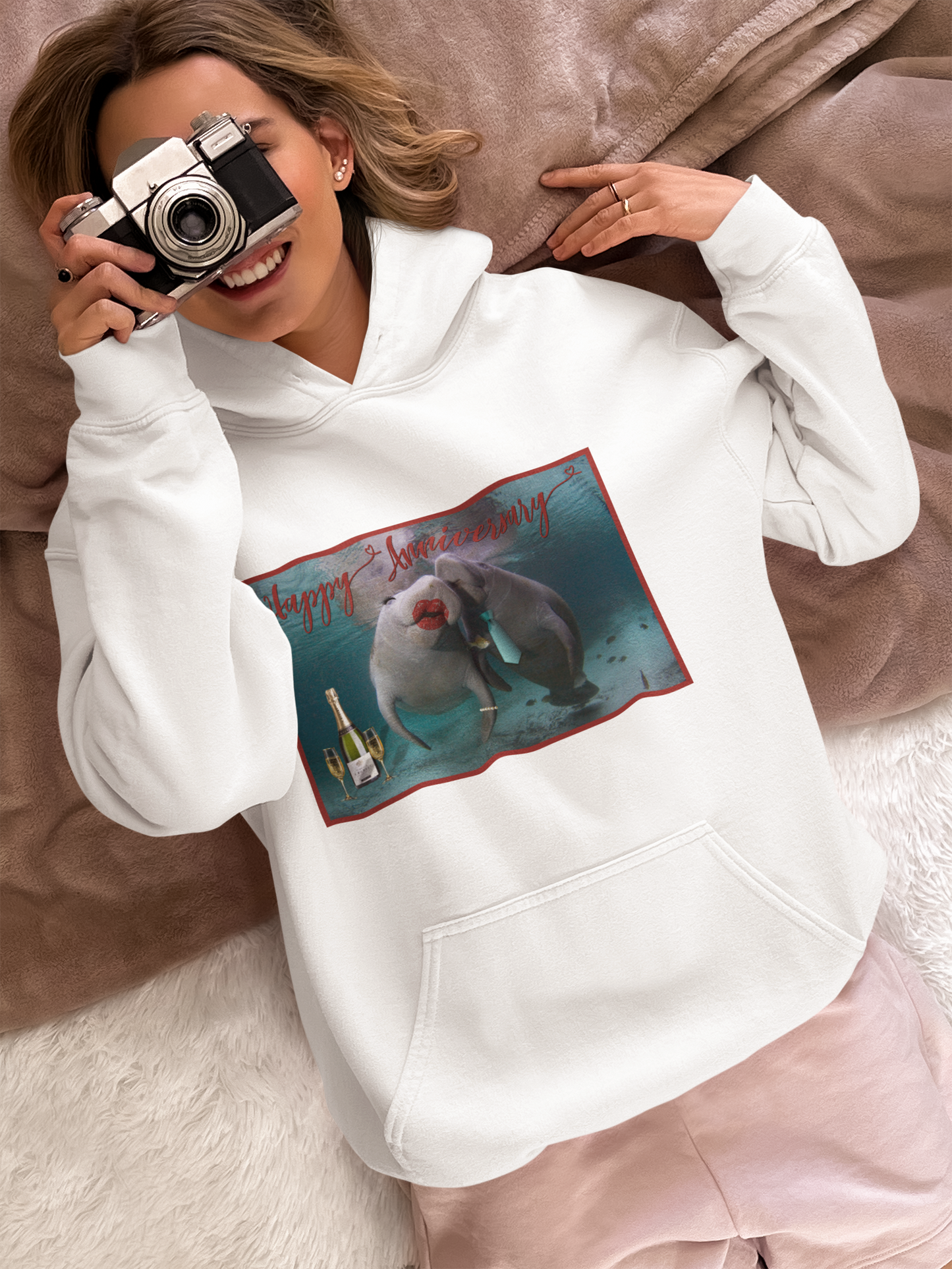 Happy Anniversary Manatee Hoodie, model with camera