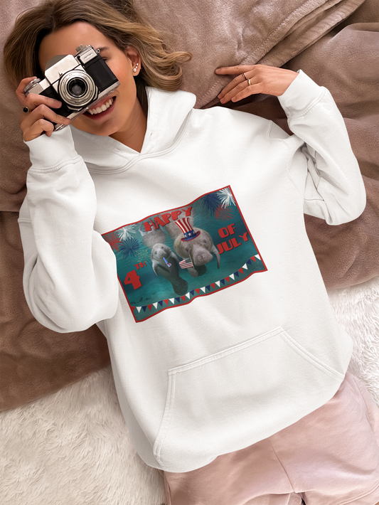 Happy 4th of July Manatee Hoodie, model with camera