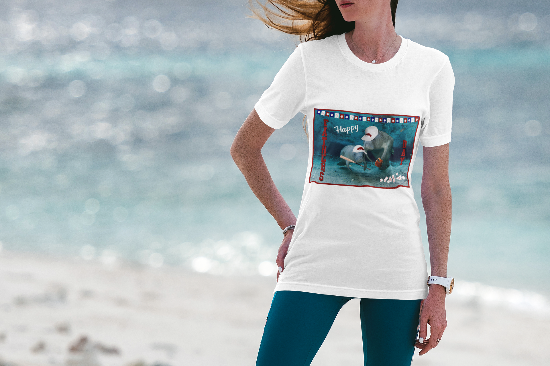 Happy Father's Day Manatee Tee, model wearing t-shirt on beach