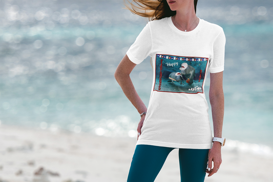 Happy Father's Day Manatee Tee, model wearing t-shirt on beach