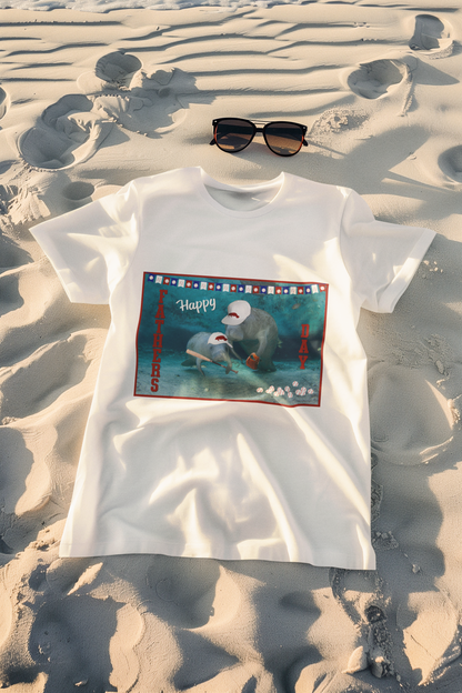 Happy Father's Day Manatee Tee, t-shirt on beach with sunglasses