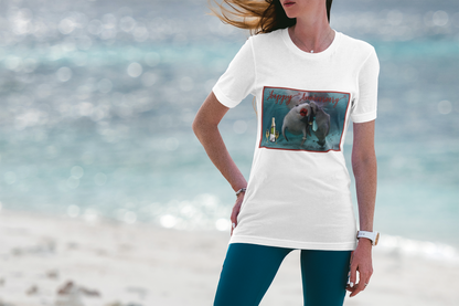 Happy Anniversary Manatee Tee, model wearing t-shirt on beach