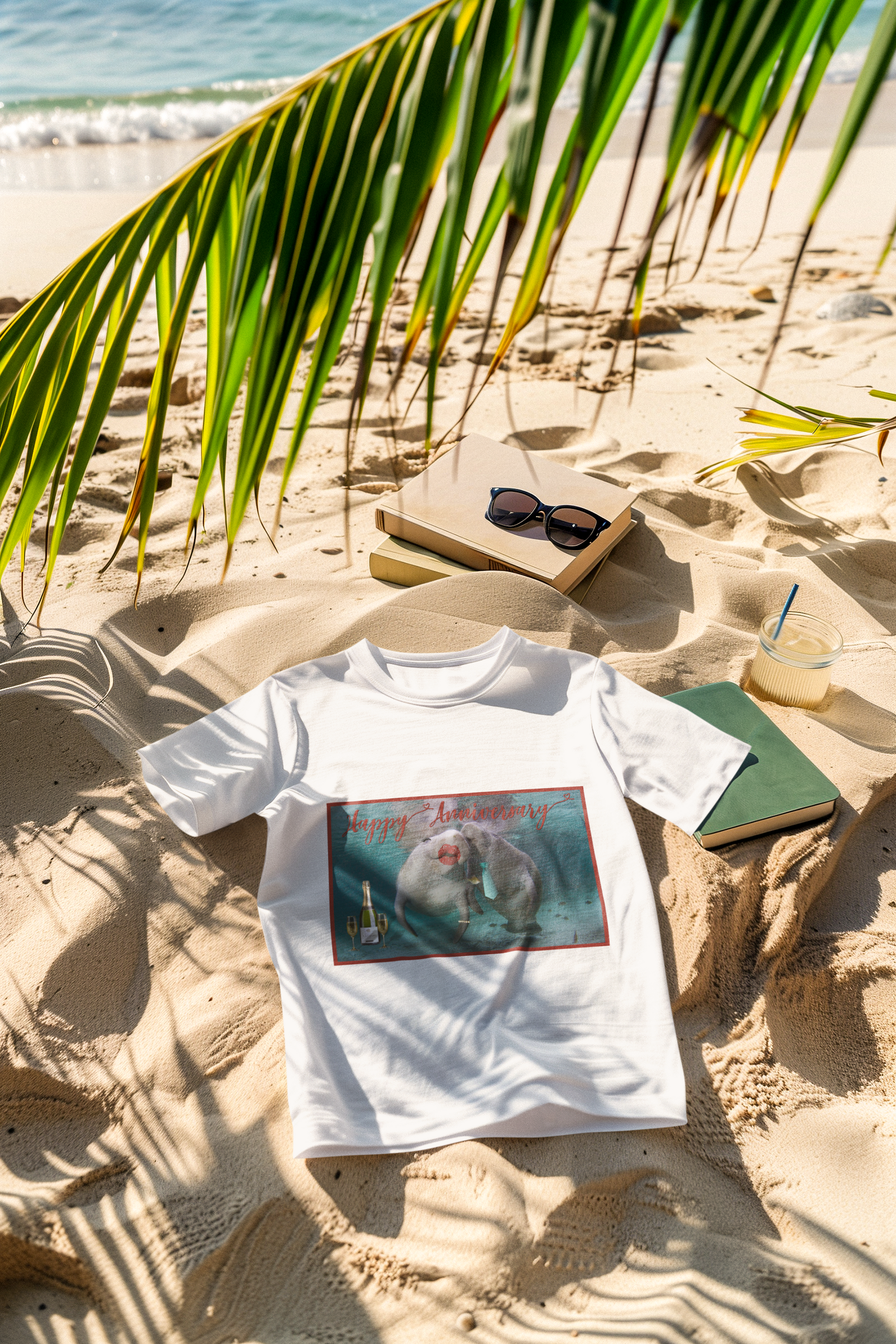Happy Anniversary Manatee Tee, t-shirt on beach with books