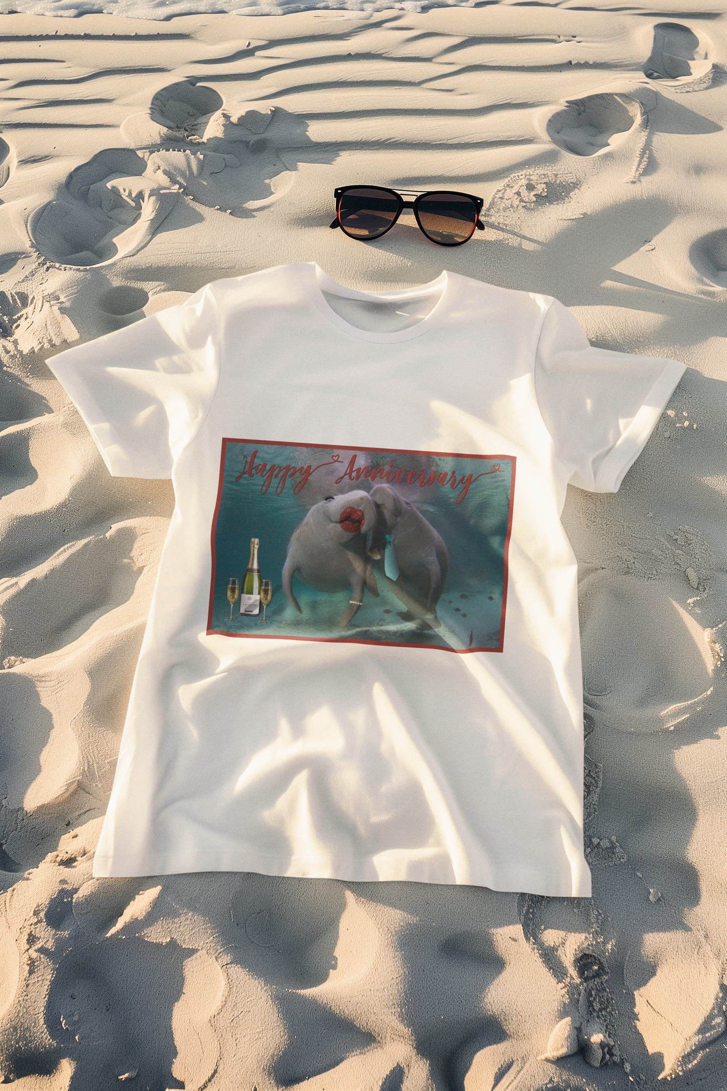 Happy Anniversary Manatee Tee, t-shirt on beach with sunglasses