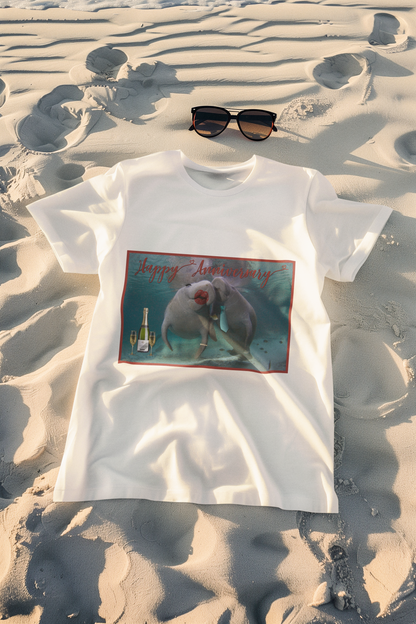 Happy Anniversary Manatee Tee, t-shirt on beach with sunglasses