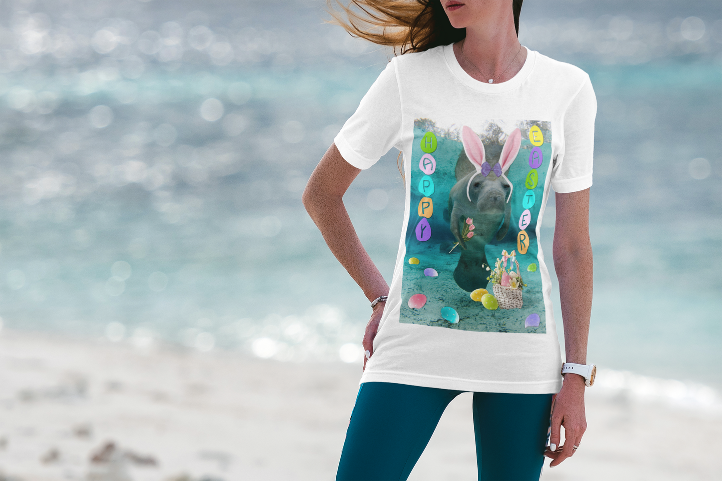 Happy Easter Manatee Tee, model wearing t-shirt on beach
