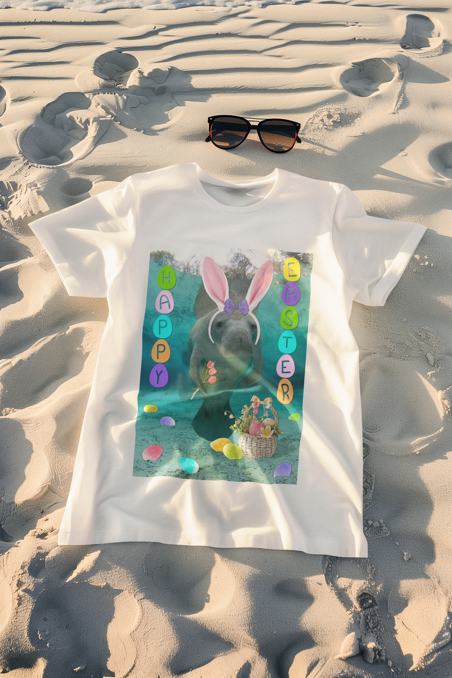 Happy Easter Manatee Tee, t-shirt on beach with sunglasses