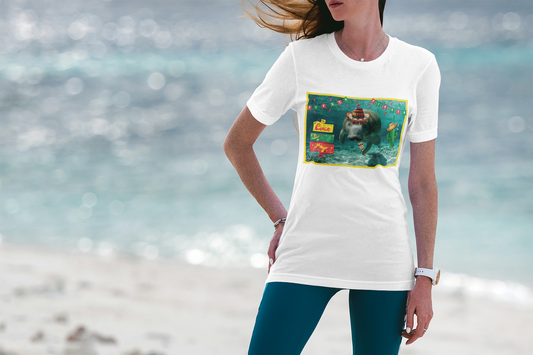 Happy Cinco de Mayo Manatee Tee, model wearing whit t-shirt on beach