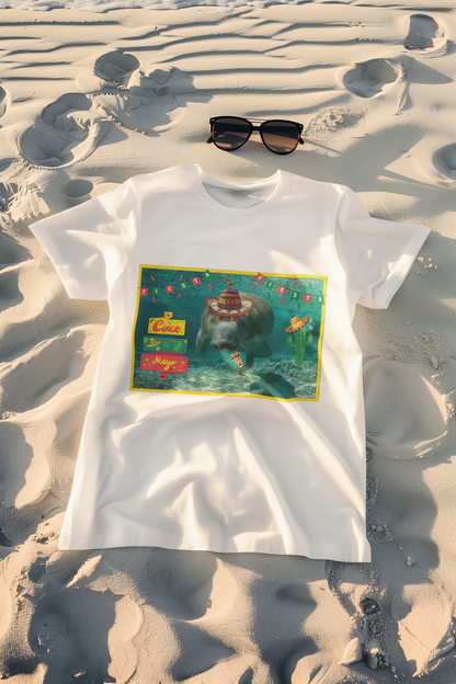 Happy Cinco de Mayo Manatee Tee, white t-shirt on beach with sunglasses