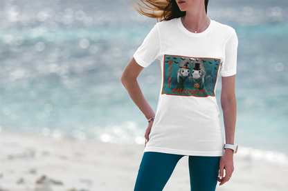 Happy Halloween Manatee Tee, model wearing white t-shirt on beach