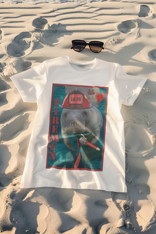 Fireman Manatee Tee, white t-shirt on beach with sunglasses
