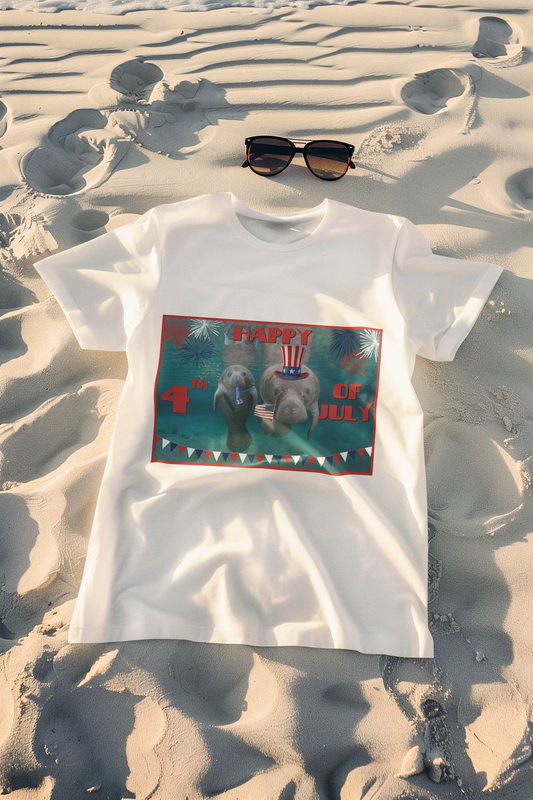 Happy 4th of July Manatee Tee, white t-shirt on beach with sunglasses