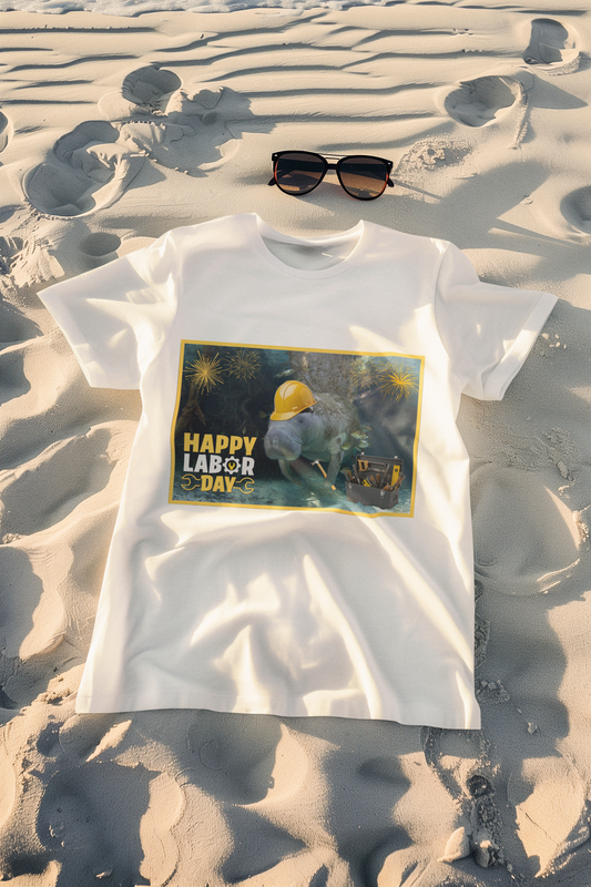 Happy Labor Day Manatee Tee, white t-shirt on beach with suunglasses