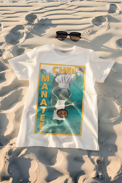 Chef Manatee Tee, white t-shirt on beach with sunglasses