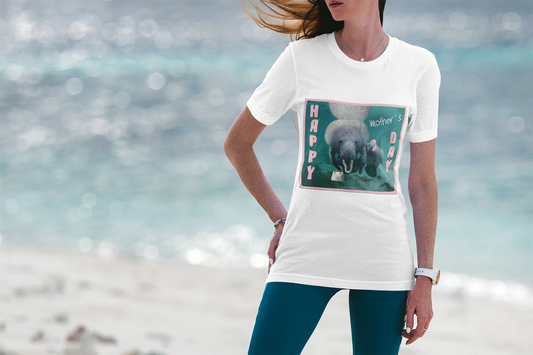 Happy Mother's Day Manatee Tee, model wearing white t-shirt on beach