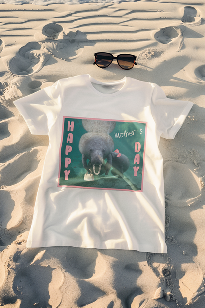 Happy Mother's Day Manatee Tee, white t-shirt on beach with sunglasses