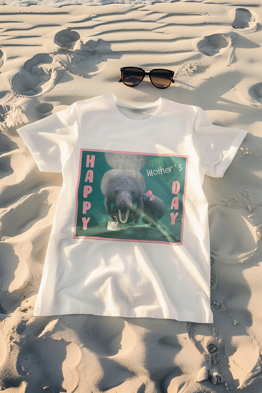 Happy Mother's Day Manatee Tee, white t-shirt on beach with sunglasses