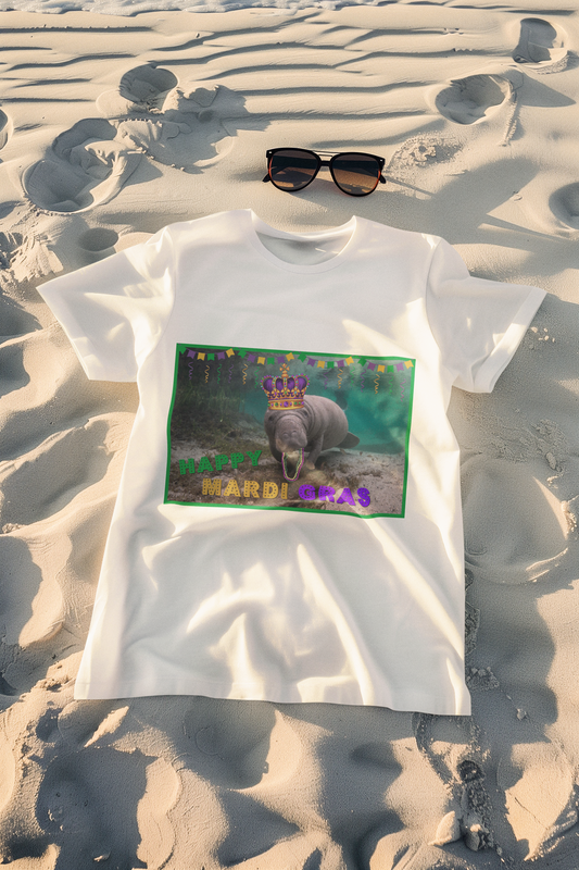 Happy Mardi Gras Manatee Tee, white t-shirt on beach with sunglasses