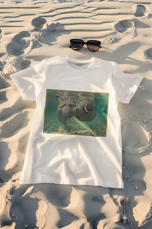 Happy New Years Manatee Tee, white t-shirt on beach with sunglasses
