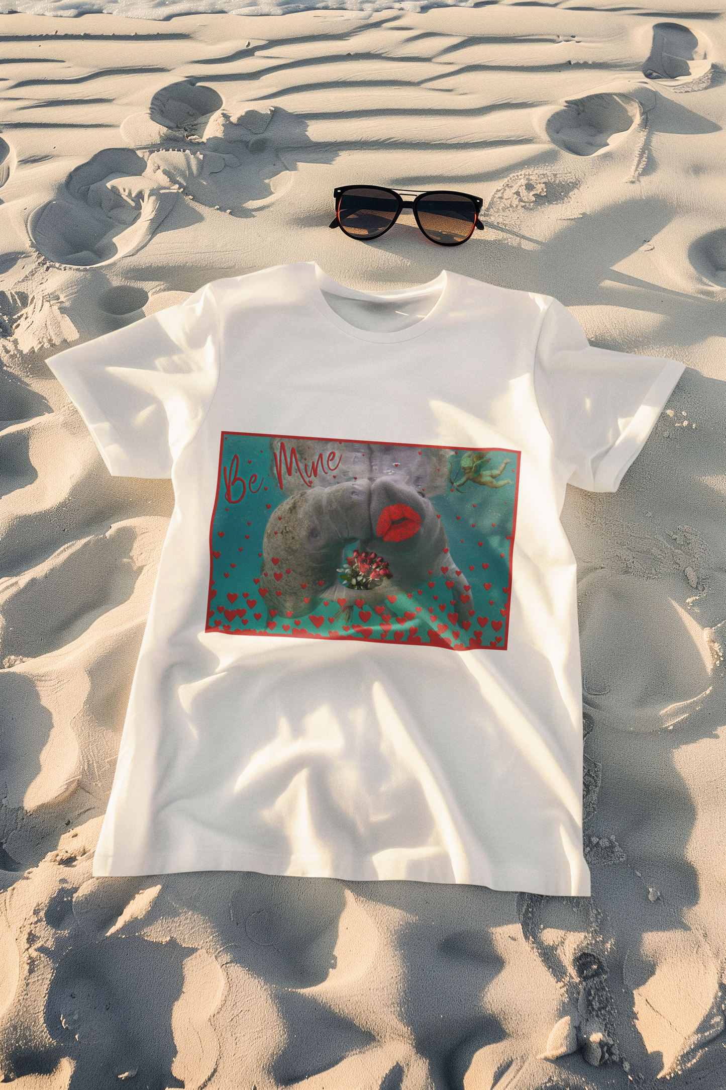 Happy Valentines Day Manatee Tee, white t-shirt on beach with sunglasses