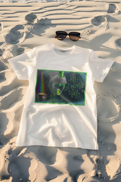 Happy St Patrick's Day Manatee Tee, white t-shirt on beach with sunglasses