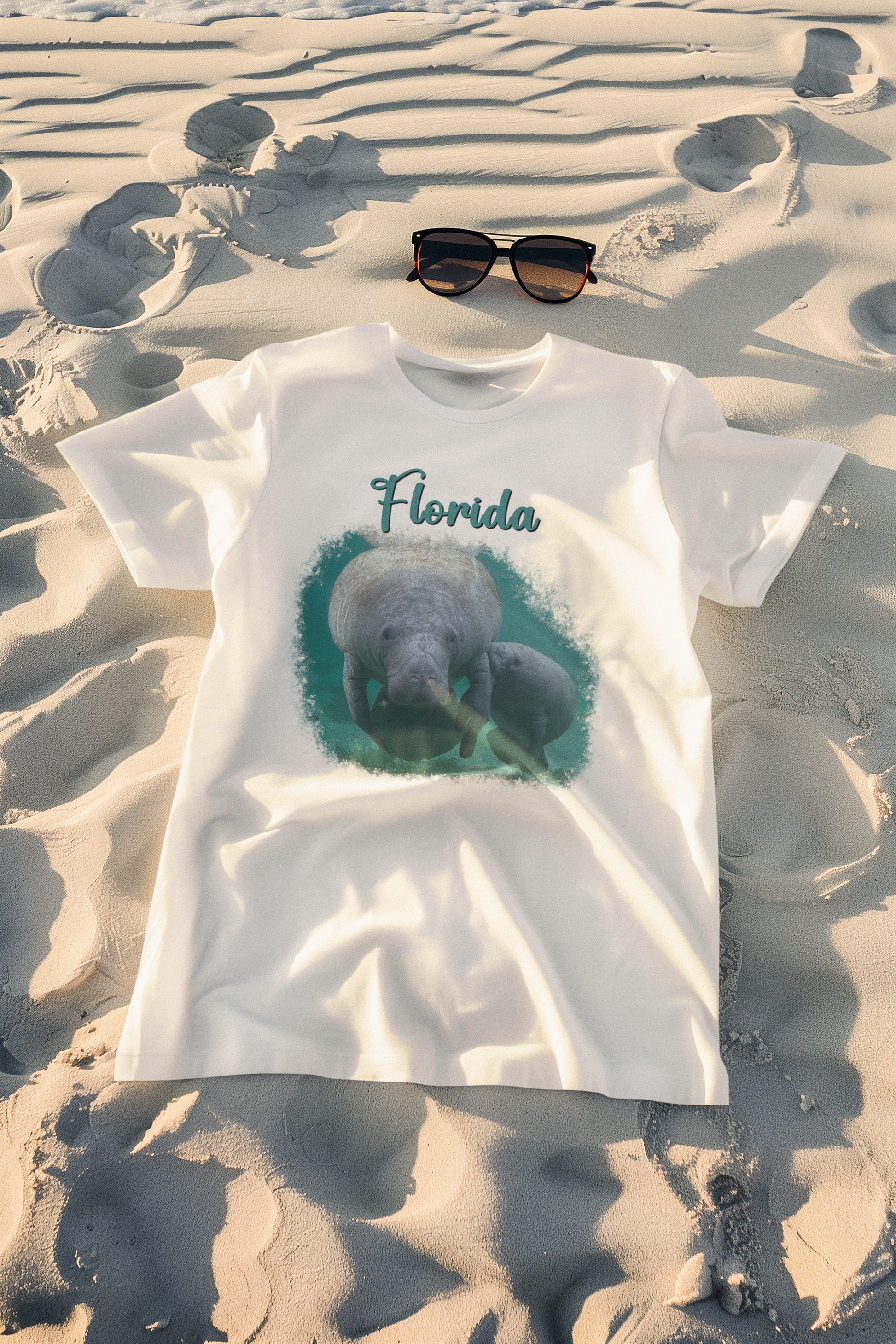 Manatee and Calf feeding Tee, white t-shirt on beach with sunglasses