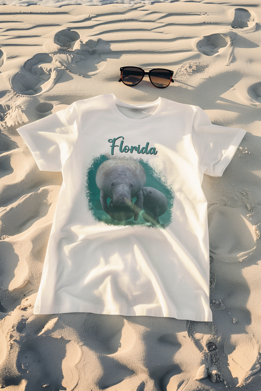 Manatee and Calf feeding Tee, white t-shirt on beach with sunglasses
