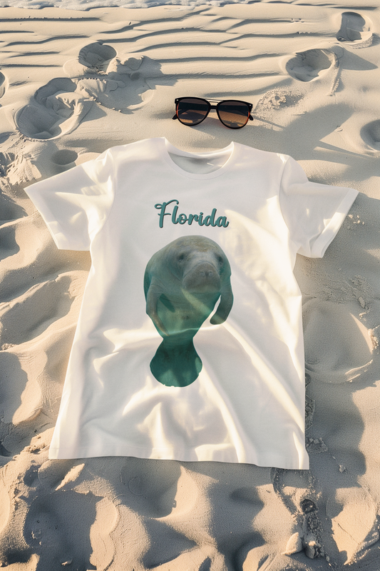 Magnificent Manatee Tee, white t-shirt on beach with sunglasses