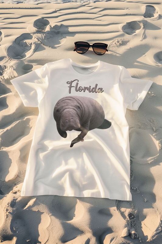 Manatee and Little Fish Tee, white t-shirt on beach with sunglasses