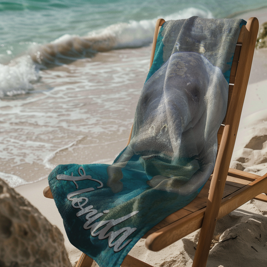 Here's Looking at You Manatee Beach Towel, manatee beach towel on chair on beach