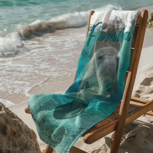 Cute Manatee Beach Towel, manatee beach towel on chair on beach