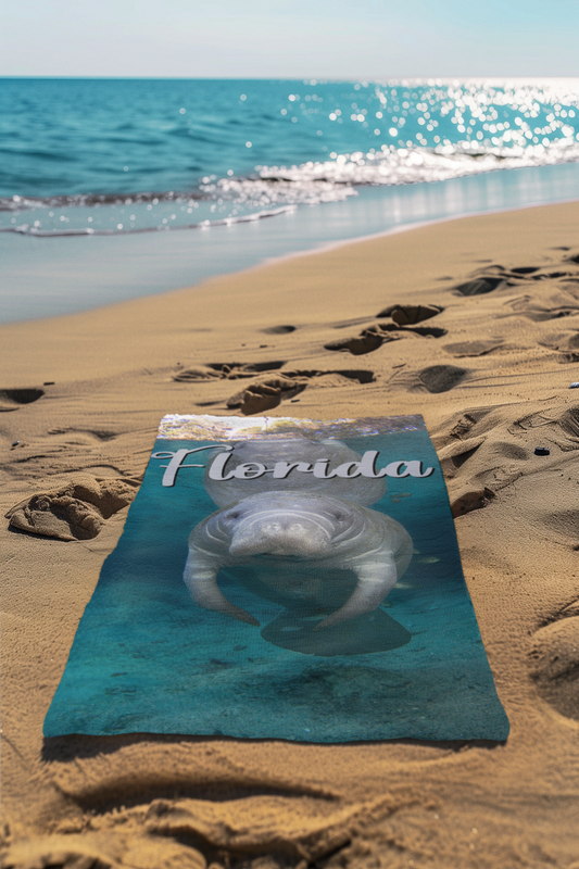 Magnificent Manatee Beach Towel, beach towel on sand