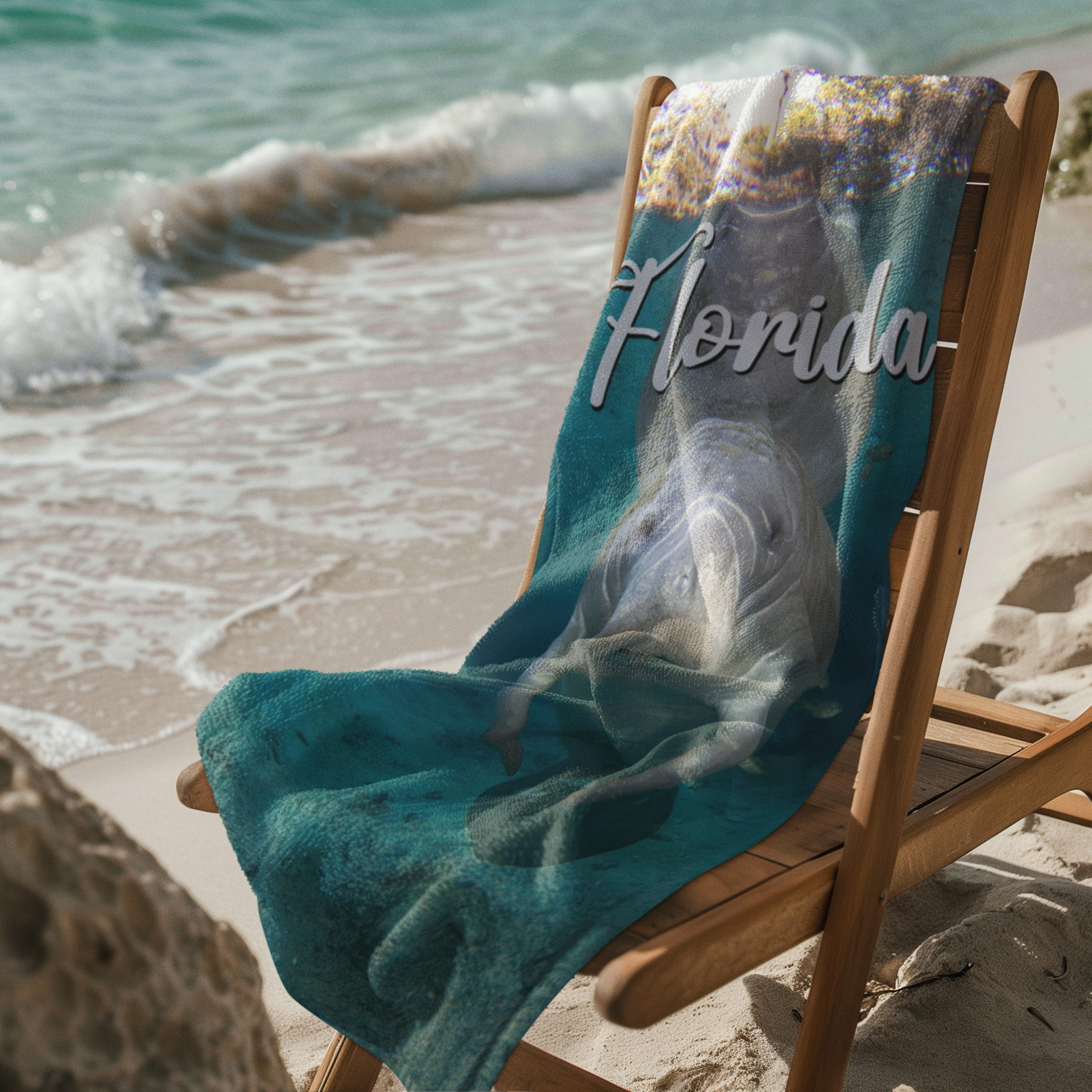 Magnificent Manatee Beach Towel, beach towel on chair