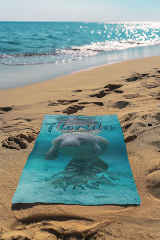 Adorable Manatee with Fish Beach Towel, beach towel on sand