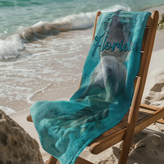 Adorable Manatee with Fish Beach Towel, beach towel on chair