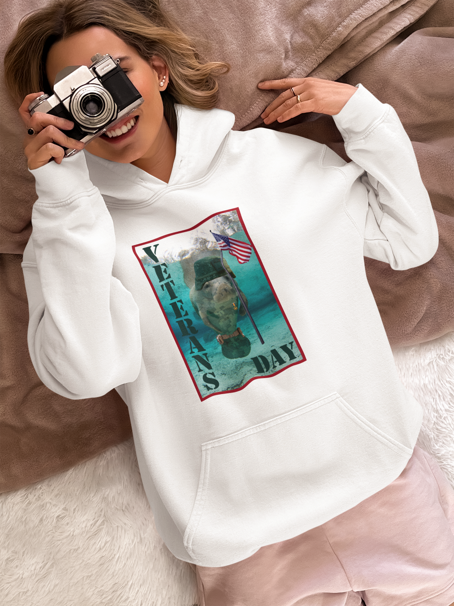 Veterans Day Manatee Hoodie, model with camera