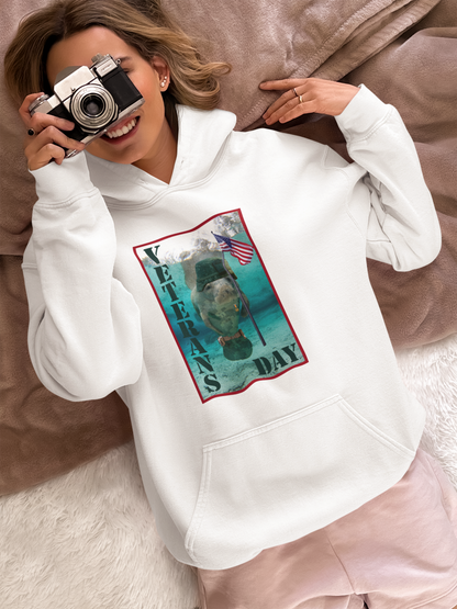 Veterans Day Manatee Hoodie, model with camera